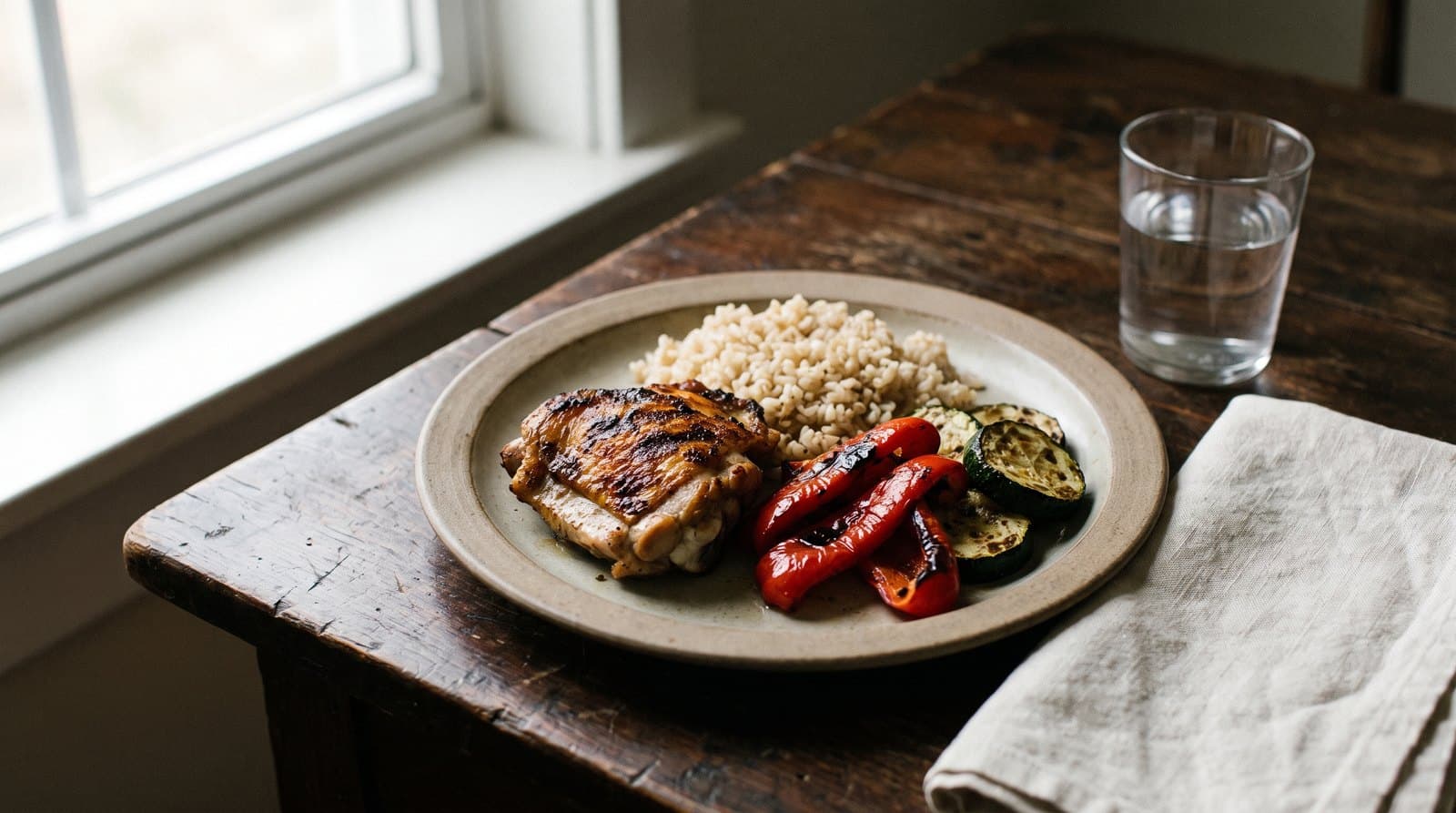 Assiette simple sur une table en bois sombre : cuisse de poulet grillée, riz complet et poivrons rôtis