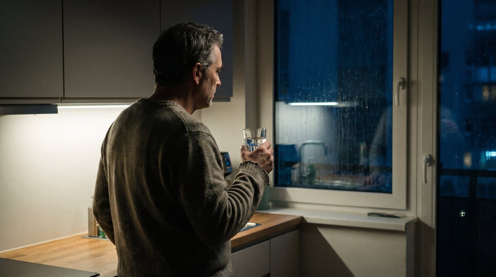 Homme d'une cinquantaine d'années debout seul devant la fenêtre de sa cuisine la nuit, un verre d'eau à la main