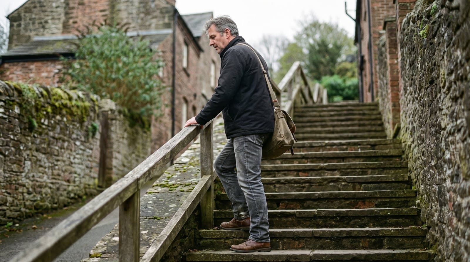 Homme d'une cinquantaine d'années gravissant un long escalier de pierre, une main sur la rampe