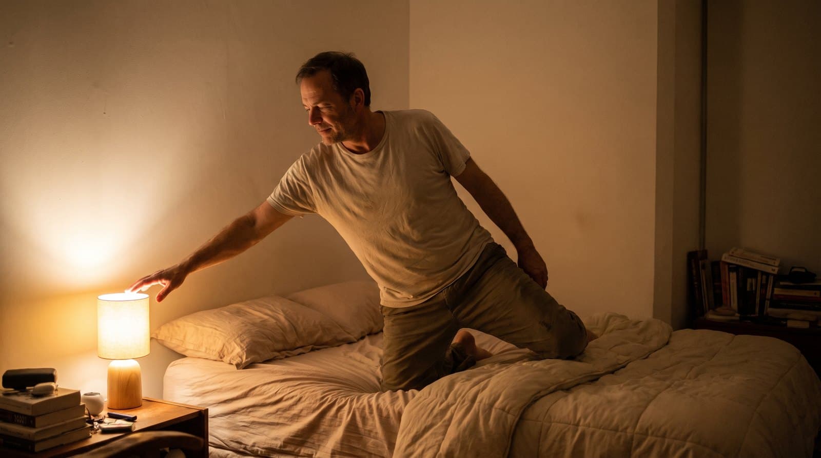 Homme d'une cinquantaine d'années éteignant la lampe de chevet avant de se coucher