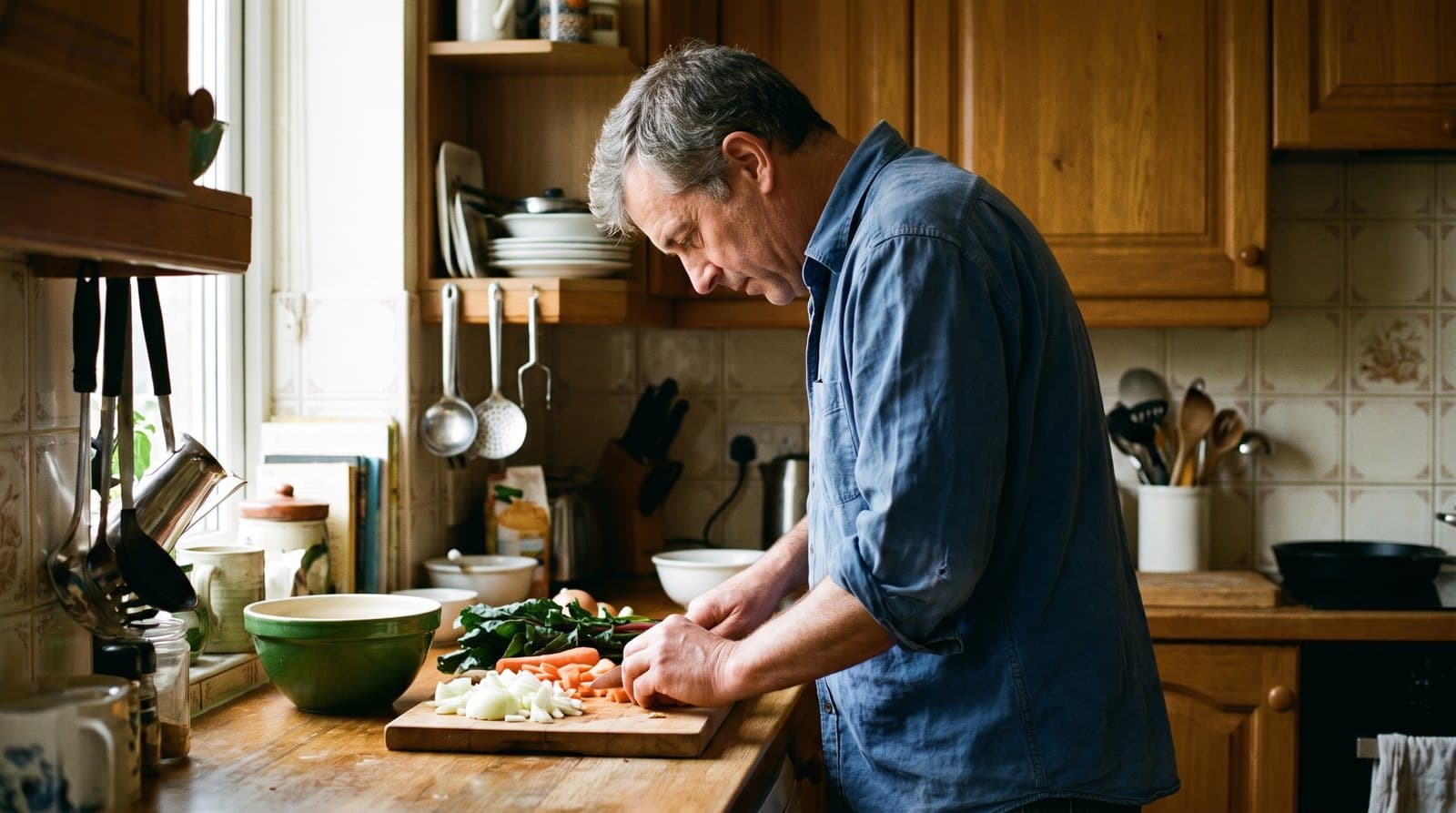 Homme d'une cinquantaine d'années découpant des légumes sur le plan de travail de sa cuisine