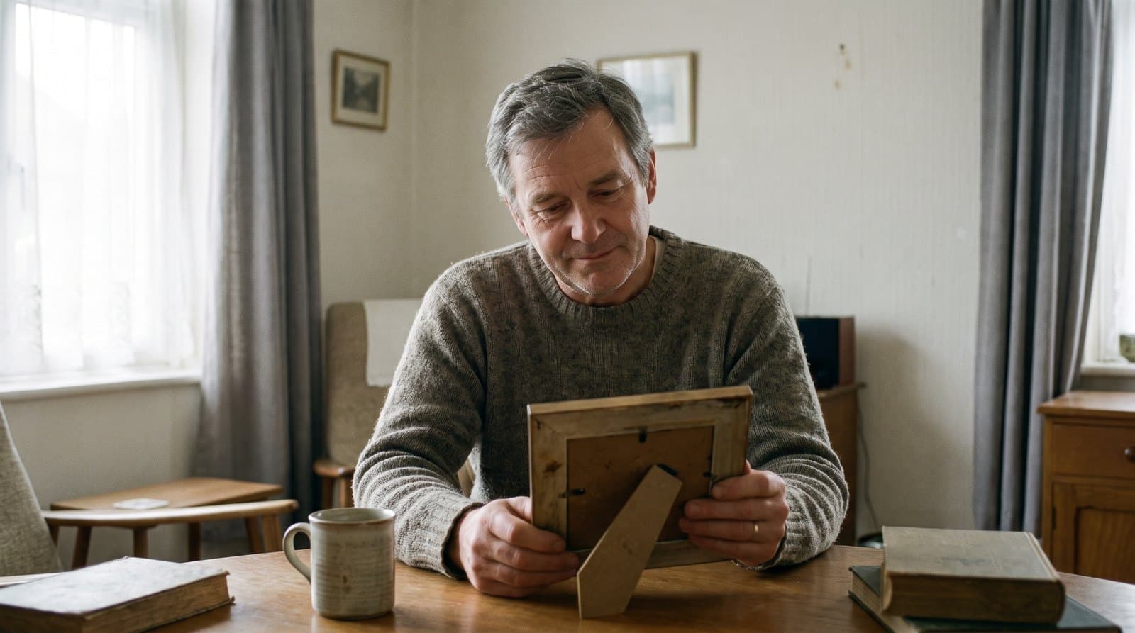 Homme d'une cinquantaine d'années assis à une table, tenant un cadre photo ancien qu'il regarde
