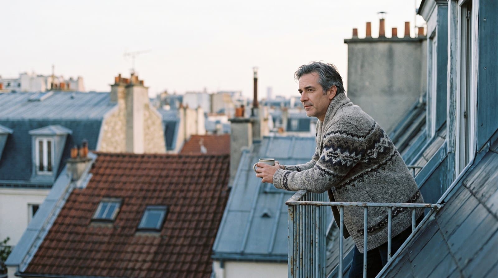 Homme d'une cinquantaine d'années sur un balcon au petit matin, une tasse à la main, regardant les toits