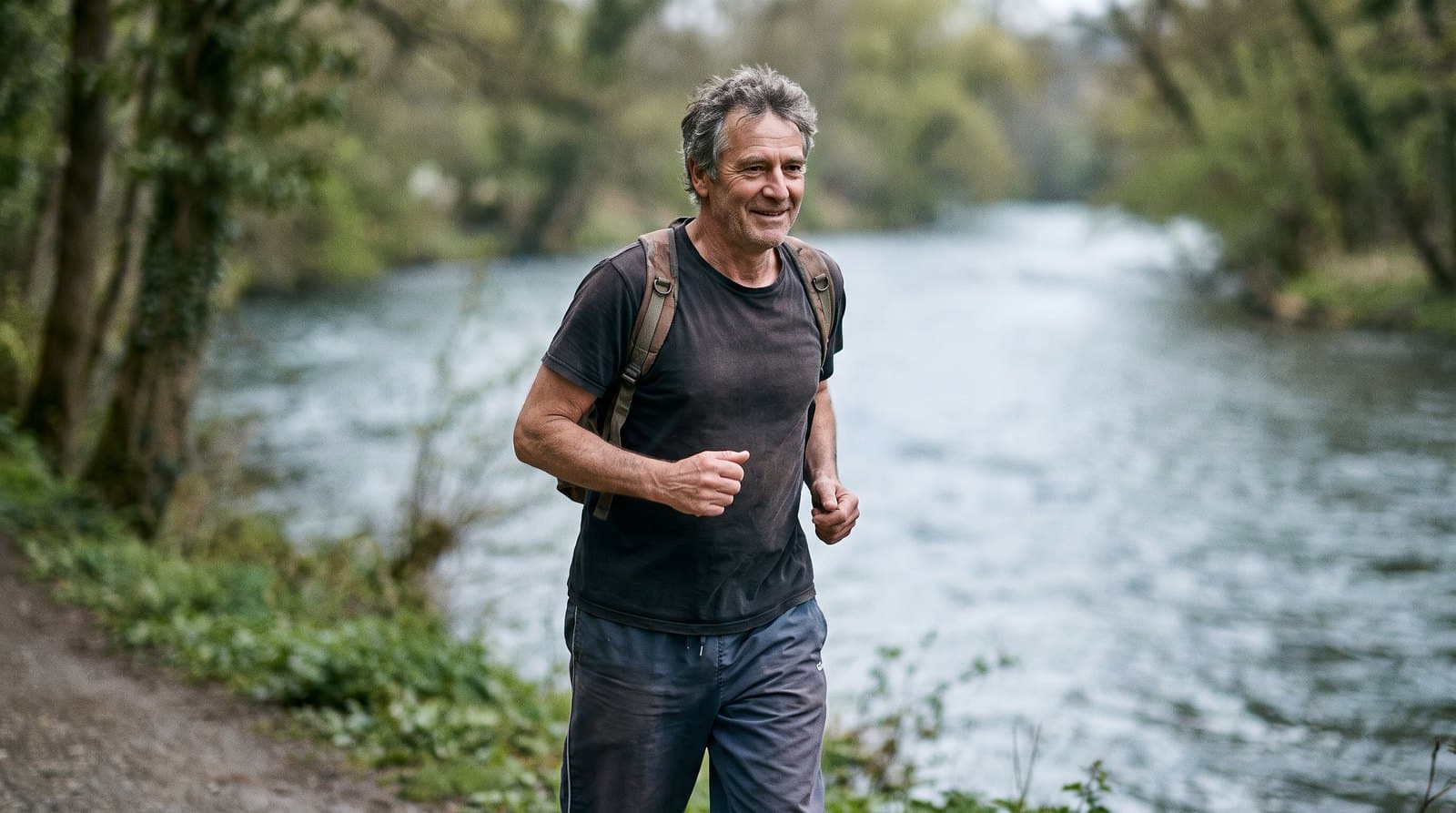 Homme d'une cinquantaine d'années courant à allure tranquille sur un chemin longeant une rivière