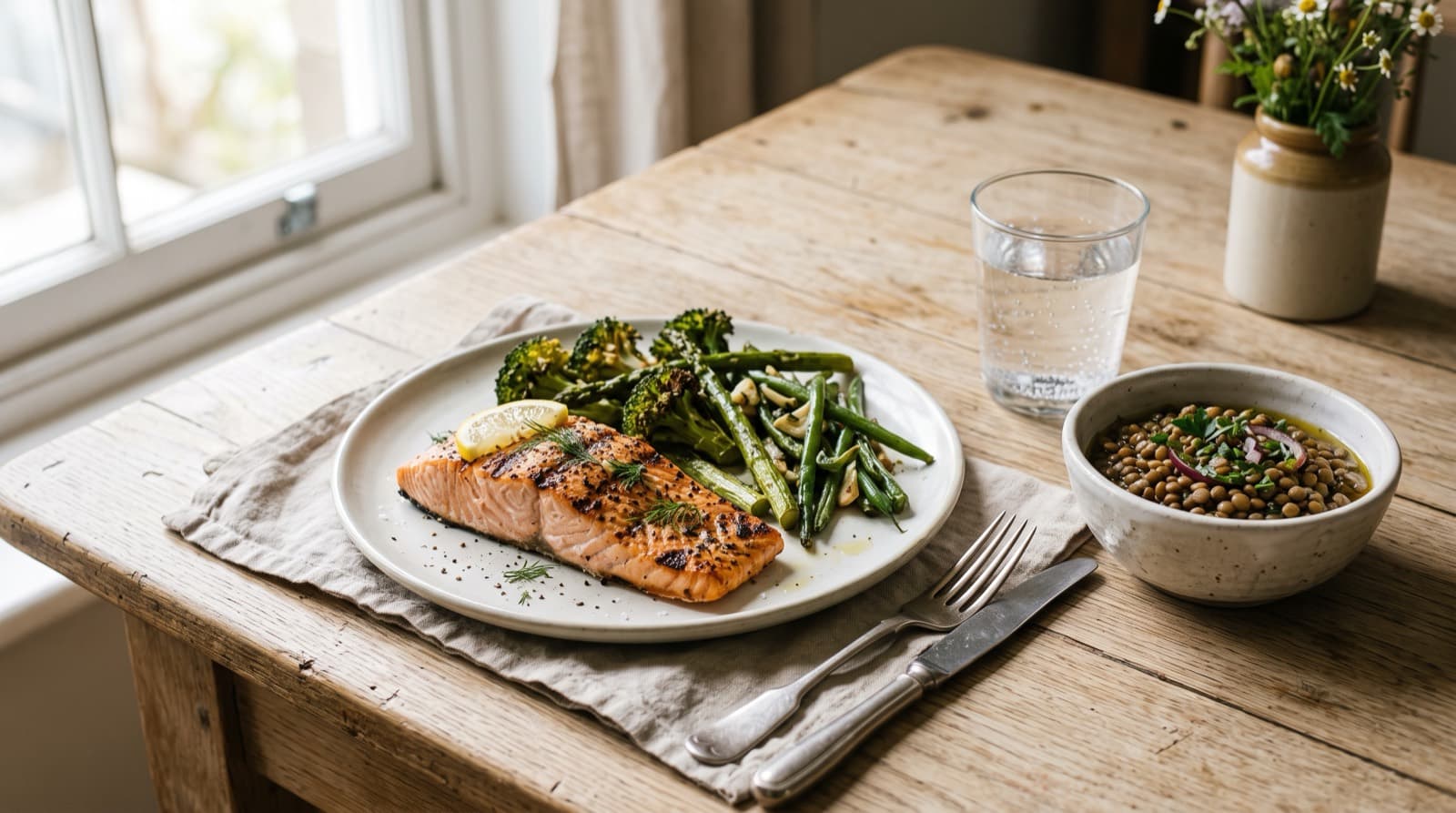 Assiette simple posée sur une table en bois clair : poisson grillé, légumes verts rôtis, petit bol de lentilles et verre d'eau
