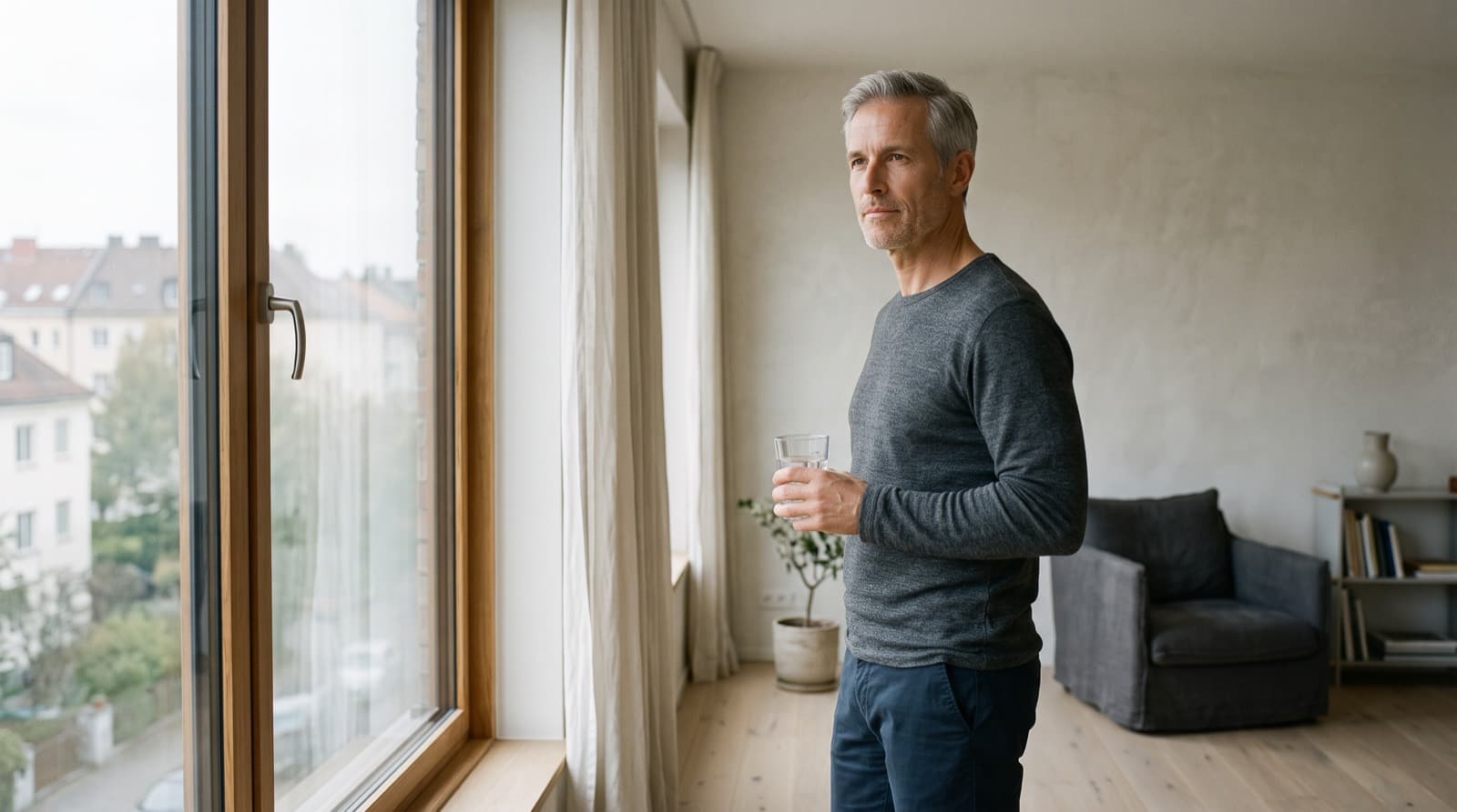 Homme d'une cinquantaine d'années debout près d'une fenêtre, dans un intérieur clair et dépouillé