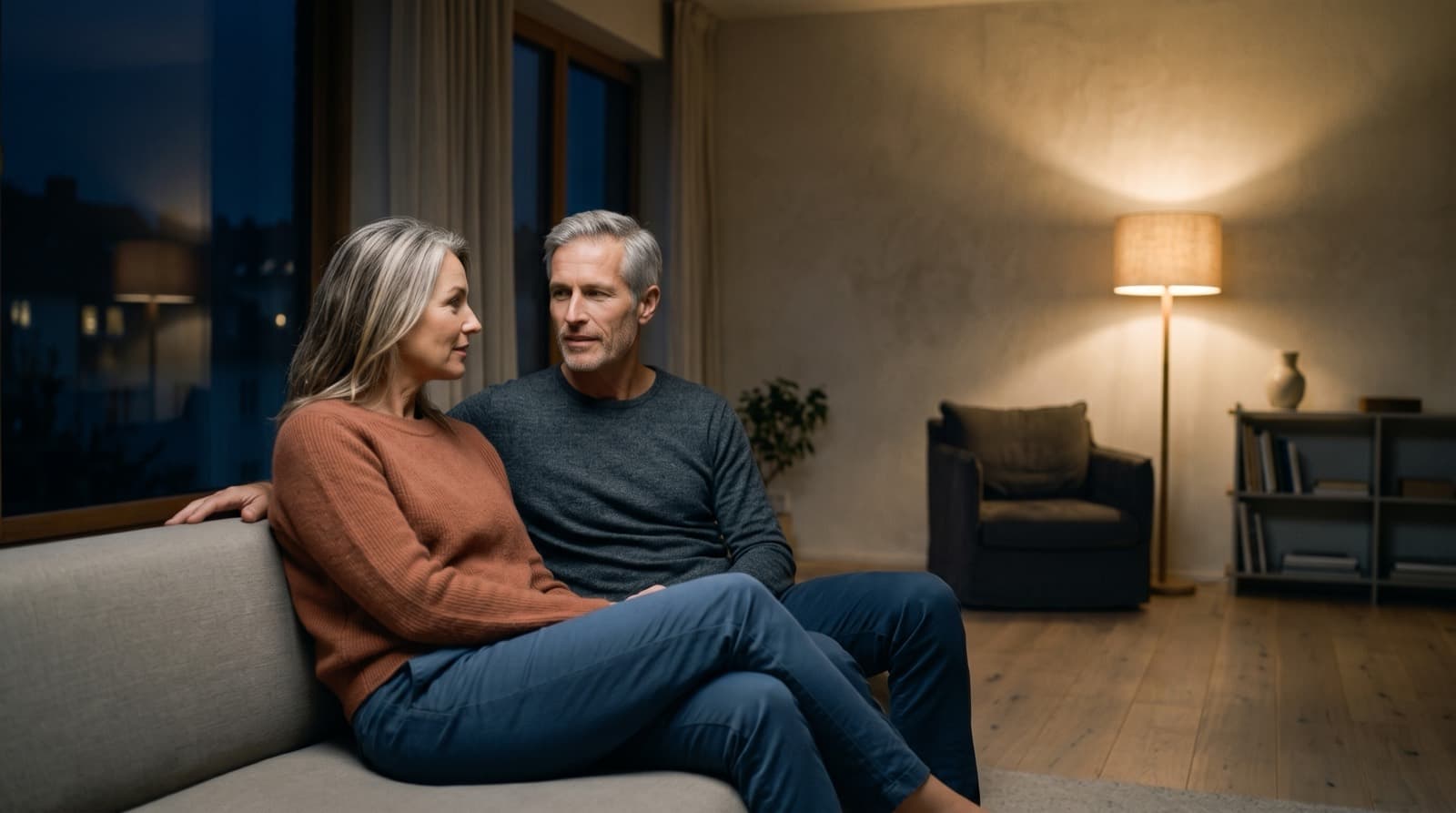 Couple d'une cinquantaine d'années assis dans un salon en fin de journée, à la lumière chaude d'une lampe