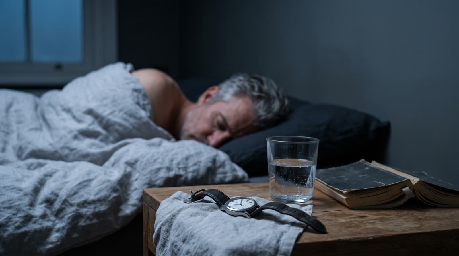 Table de chevet à l'aube : une montre mécanique posée sur du linge clair, un verre d'eau, et un dormeur en arrière-plan flou