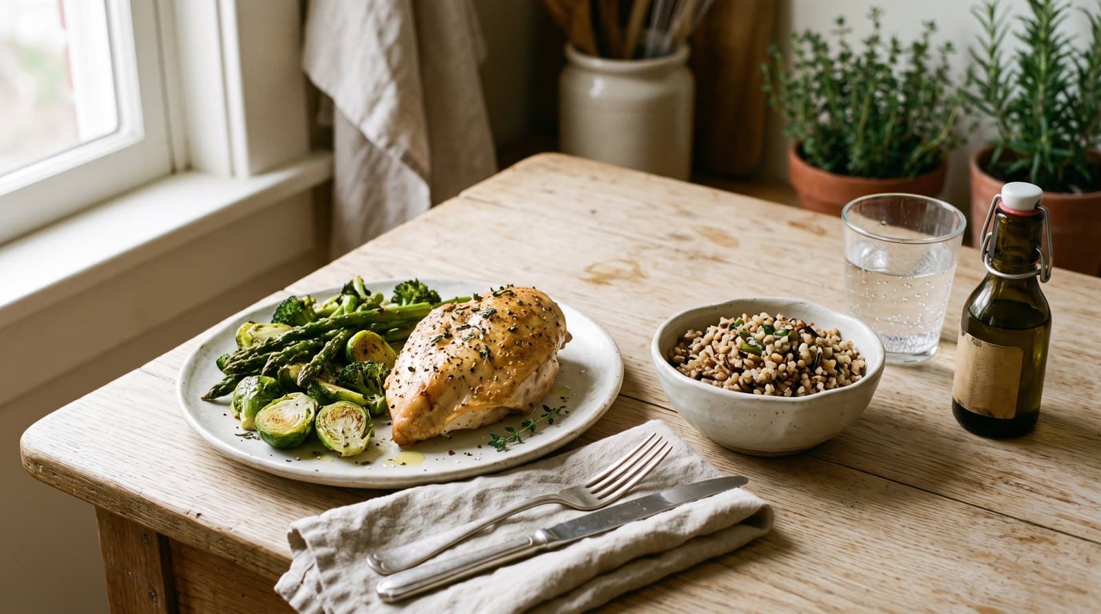 Repas simple sur une table en bois clair : volaille rôtie, légumes verts, céréales complètes, bouteille d'huile et verre d'eau