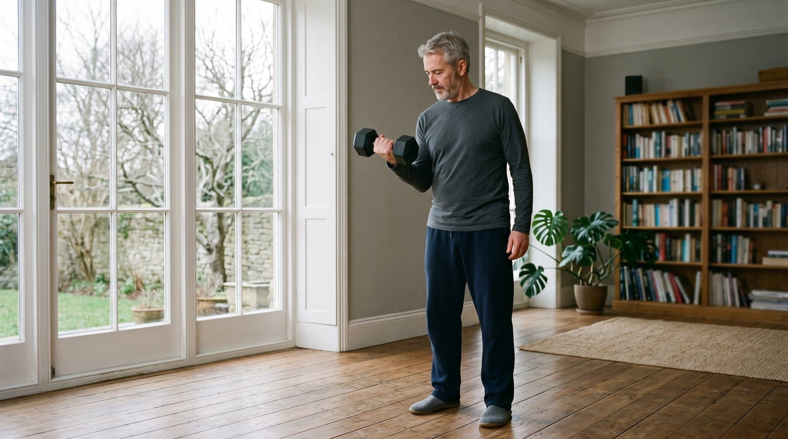 Homme d'une cinquantaine d'années réalisant un exercice simple avec haltères chez lui, effort modéré