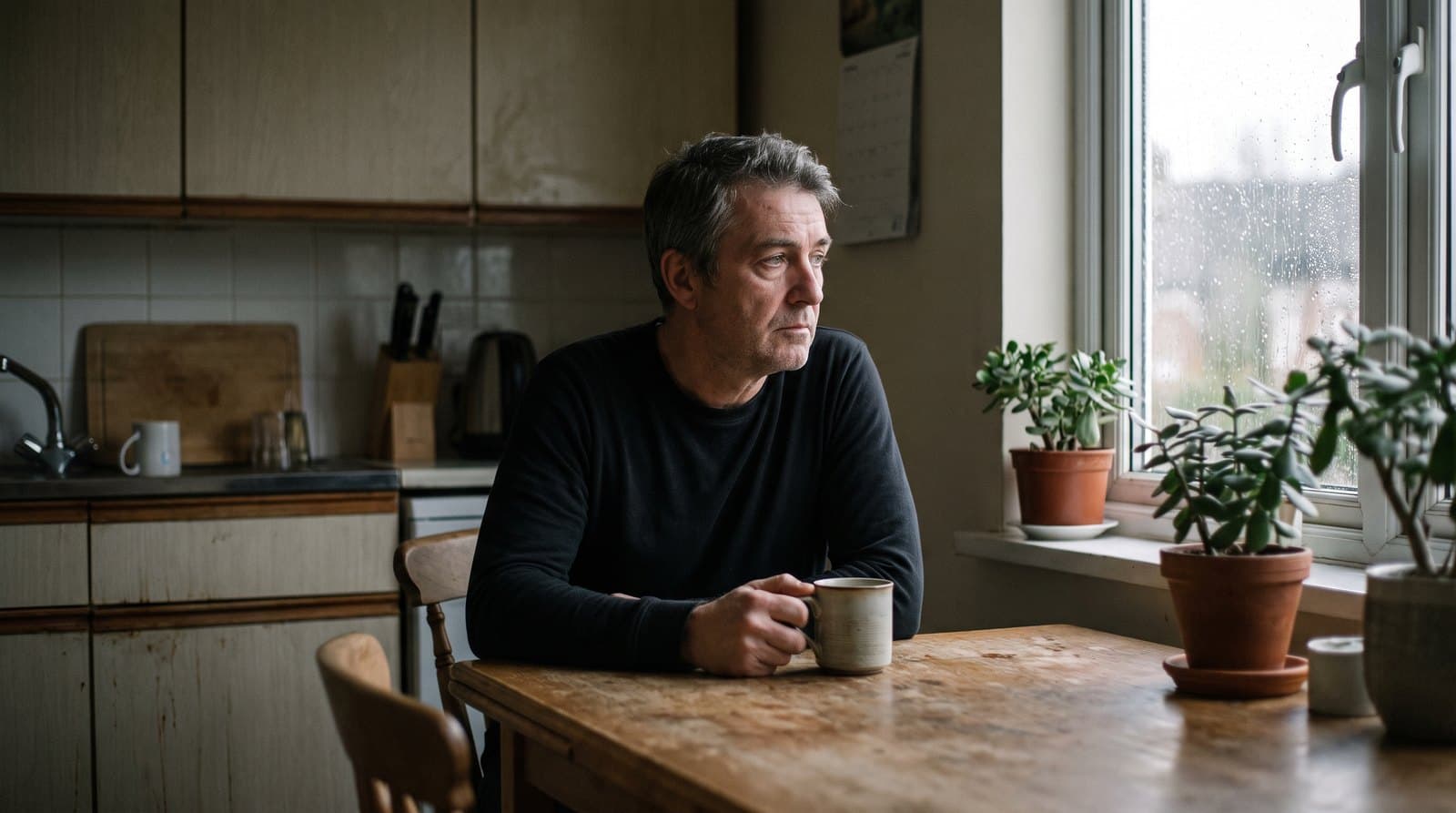 Homme d'une cinquantaine d'années attablé seul dans sa cuisine au petit matin, une tasse de café devant lui, le regard tourné vers la fenêtre