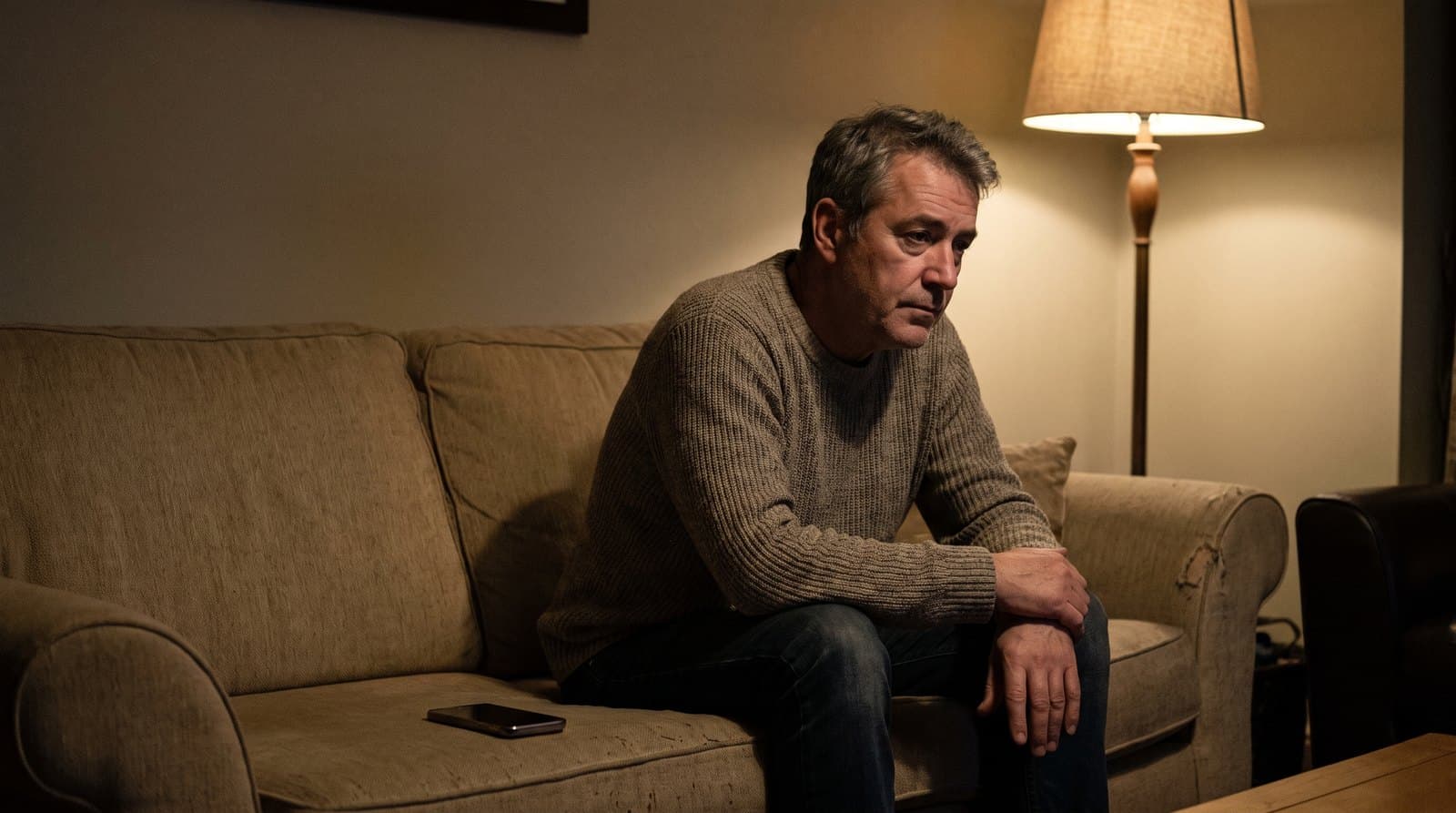 Homme d'une cinquantaine d'années assis sur un canapé en fin de soirée, avant-bras sur les genoux, téléphone retourné posé à côté de lui
