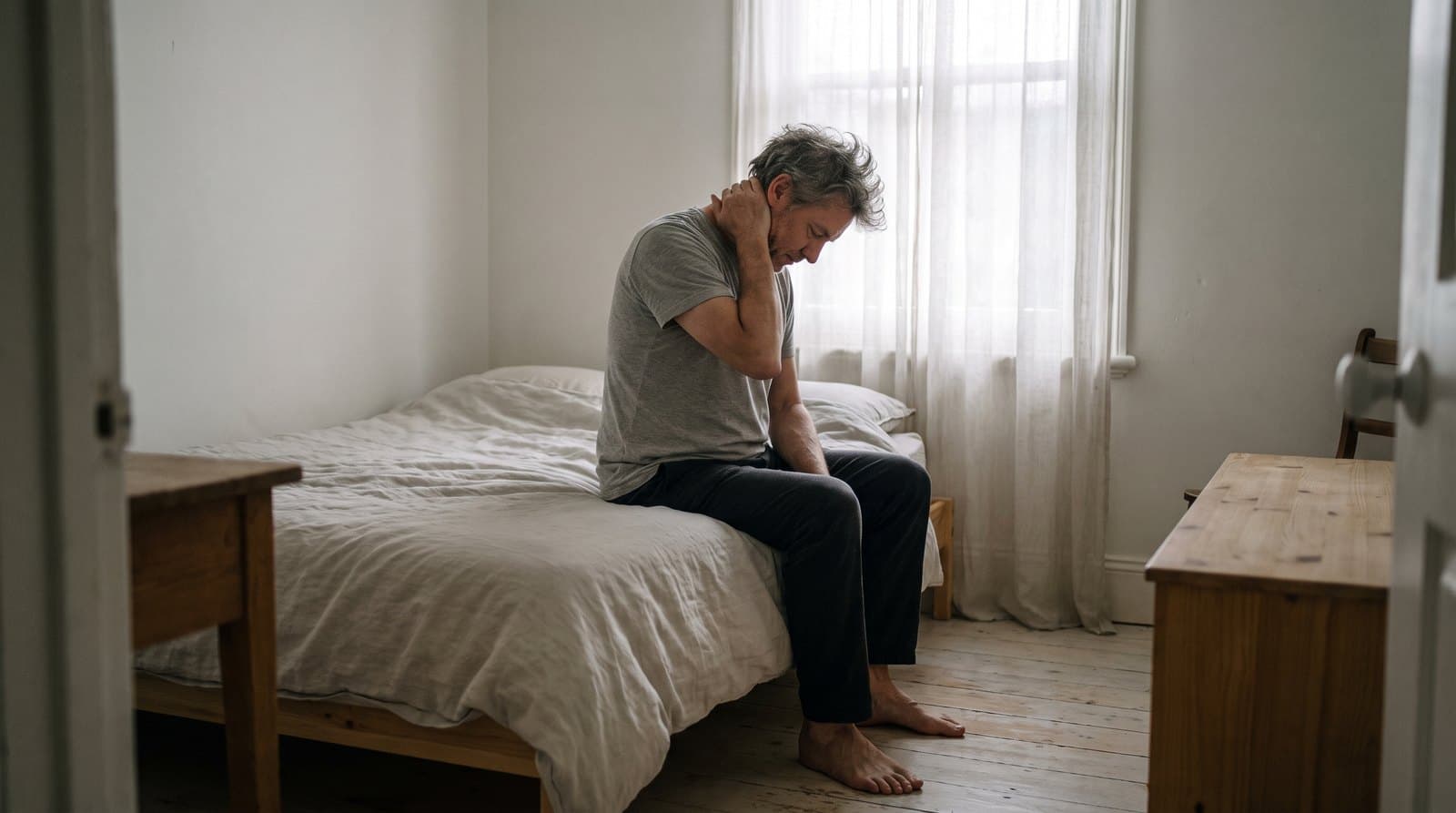 Homme d'une cinquantaine d'années assis au bord d'un lit défait au réveil, la nuque dans la main, pieds nus sur le parquet
