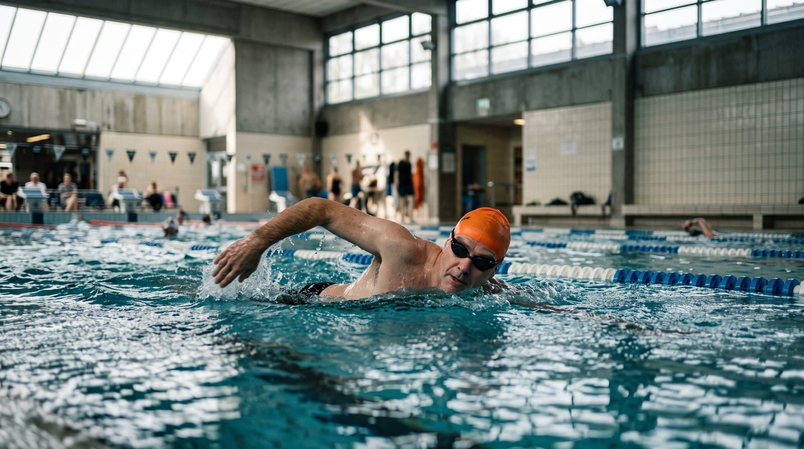 Homme d'une cinquantaine d'années nageant un crawl régulier dans un couloir de piscine couverte
