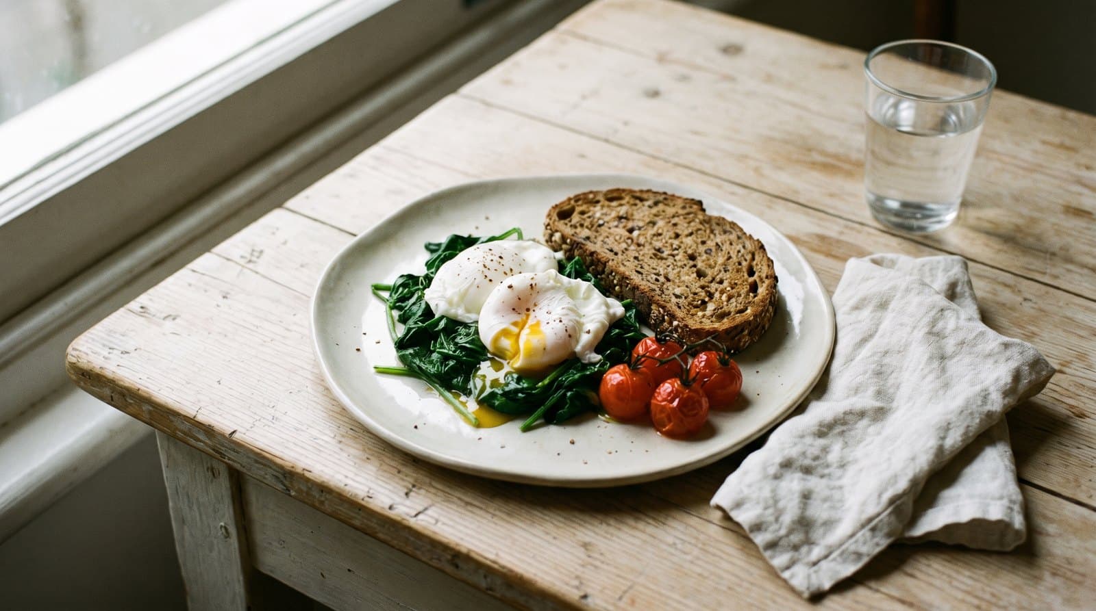 Repas simple sur une table en bois clair : œufs pochés, épinards, pain complet, tomates cerises et verre d'eau