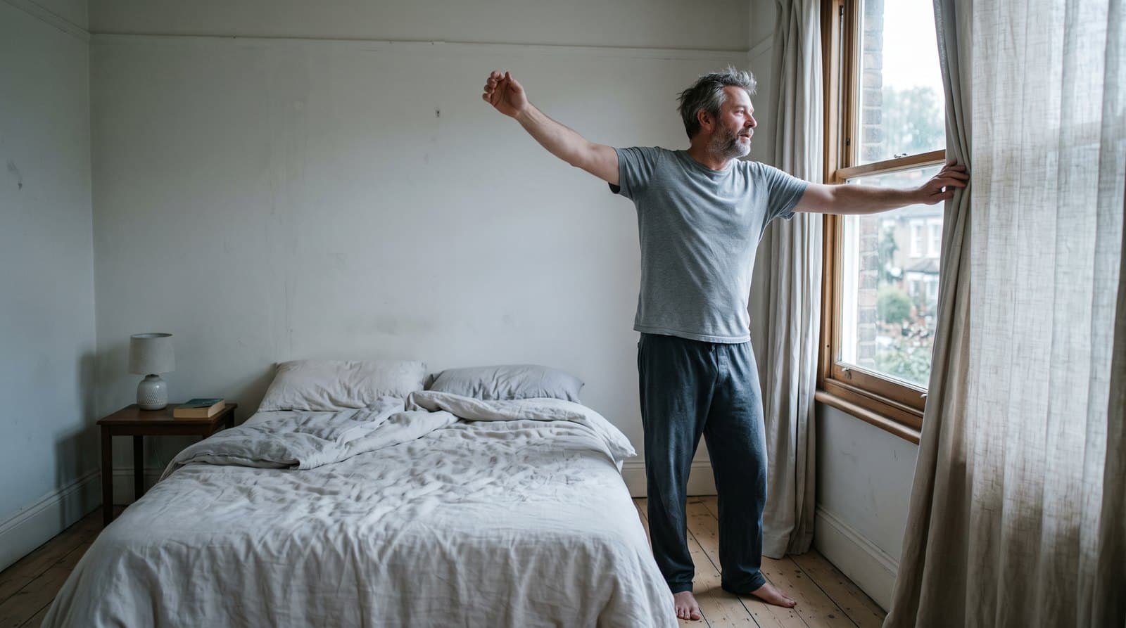 Homme d'une cinquantaine d'années écartant le rideau d'une fenêtre de chambre au réveil, dans la lumière du matin