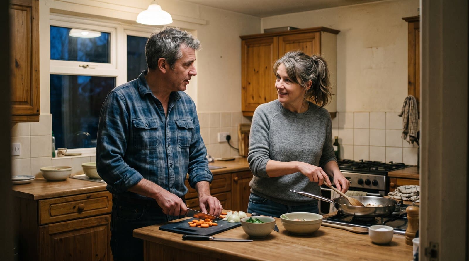 Couple d'une cinquantaine d'années préparant le dîner ensemble dans une cuisine, sans écran à proximité