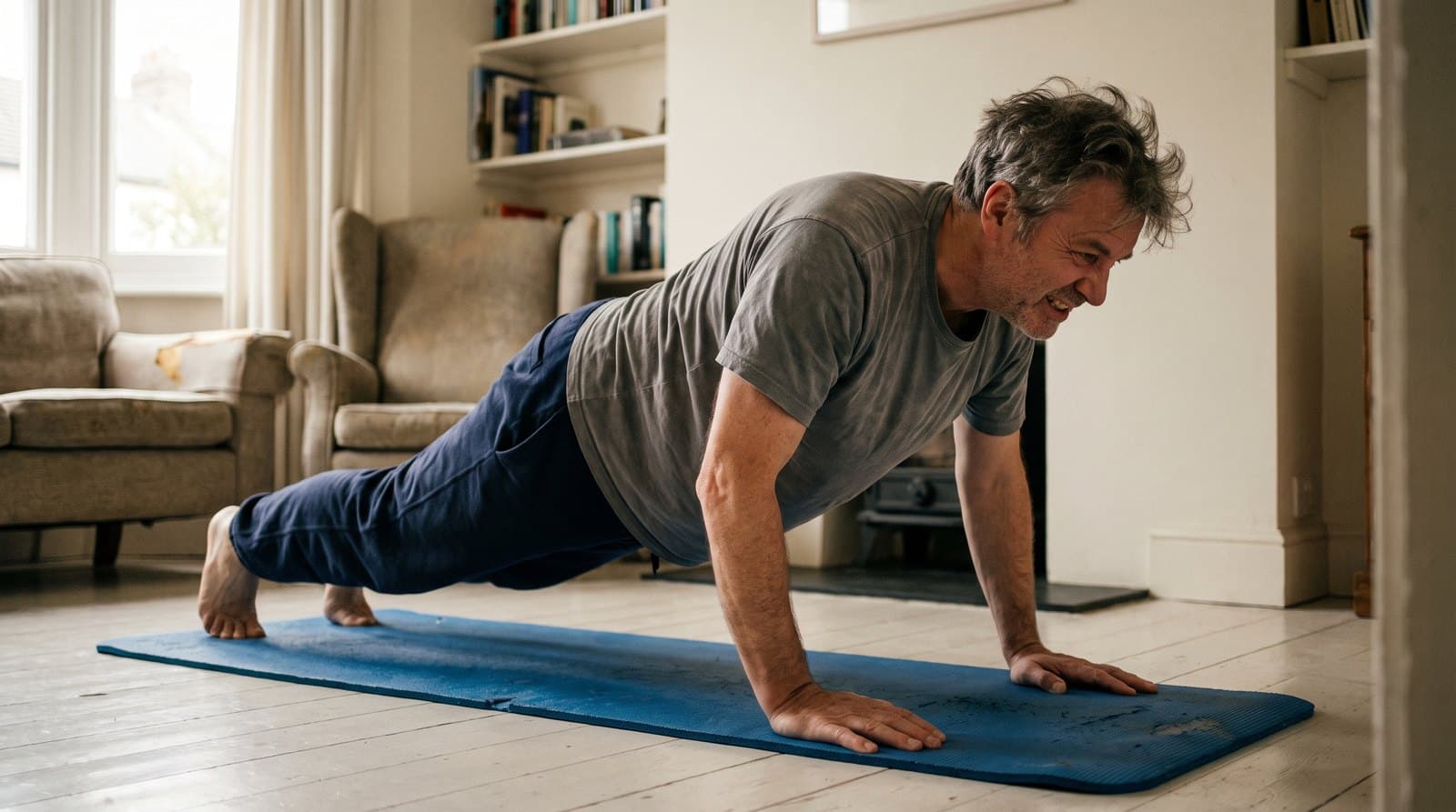Homme d'une cinquantaine d'années réalisant des exercices au poids du corps sur un tapis, dans son salon
