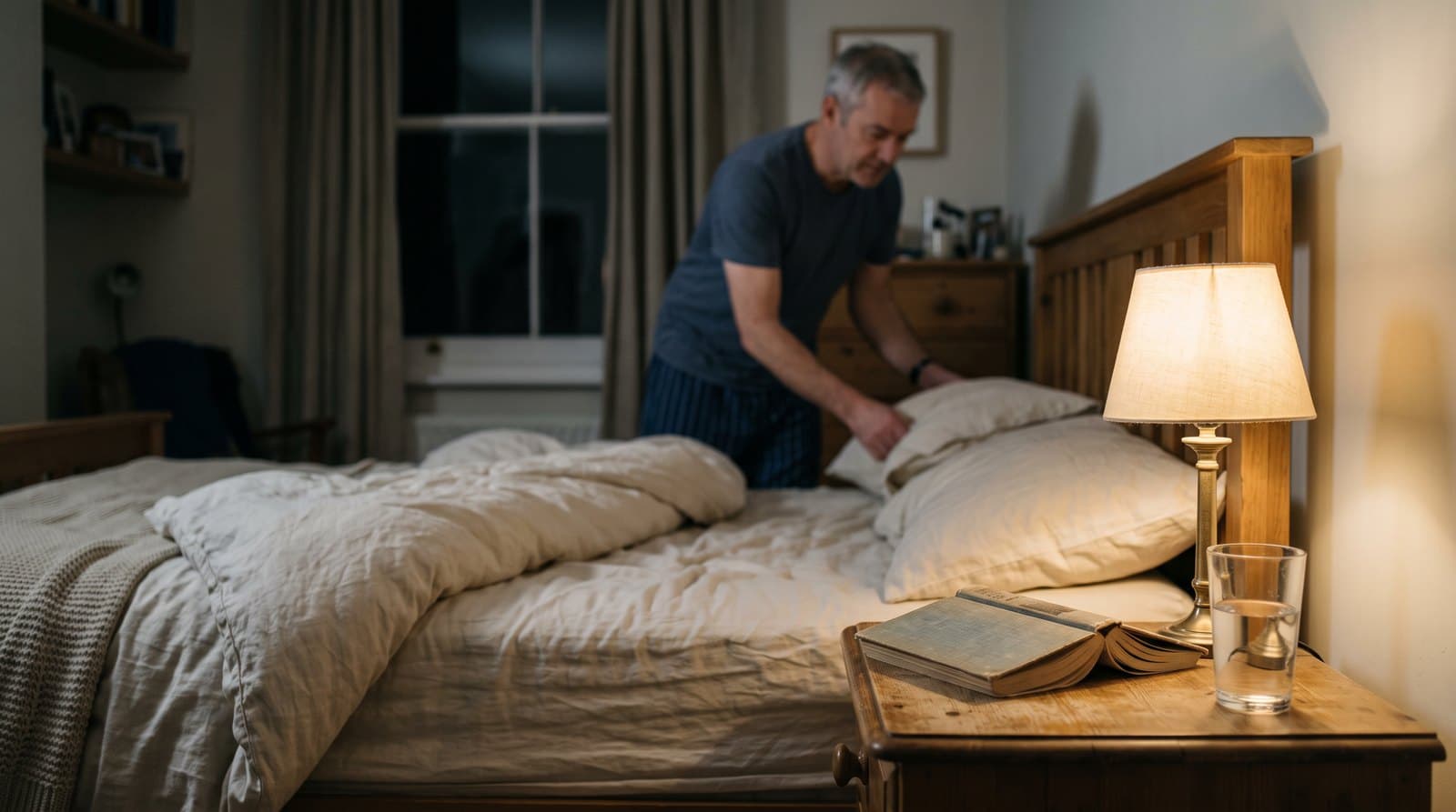 Chambre calme le soir : table de chevet éclairée par une lampe, livre fermé et verre d'eau, un homme préparant le lit à l'arrière-plan