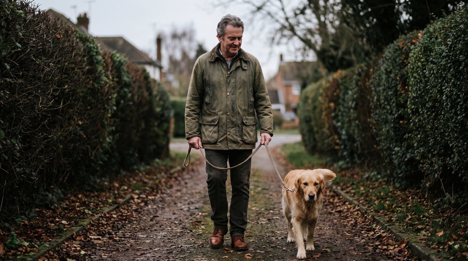 Homme d'une cinquantaine d'années promenant son chien d'un pas tranquille sur un chemin bordé de haies