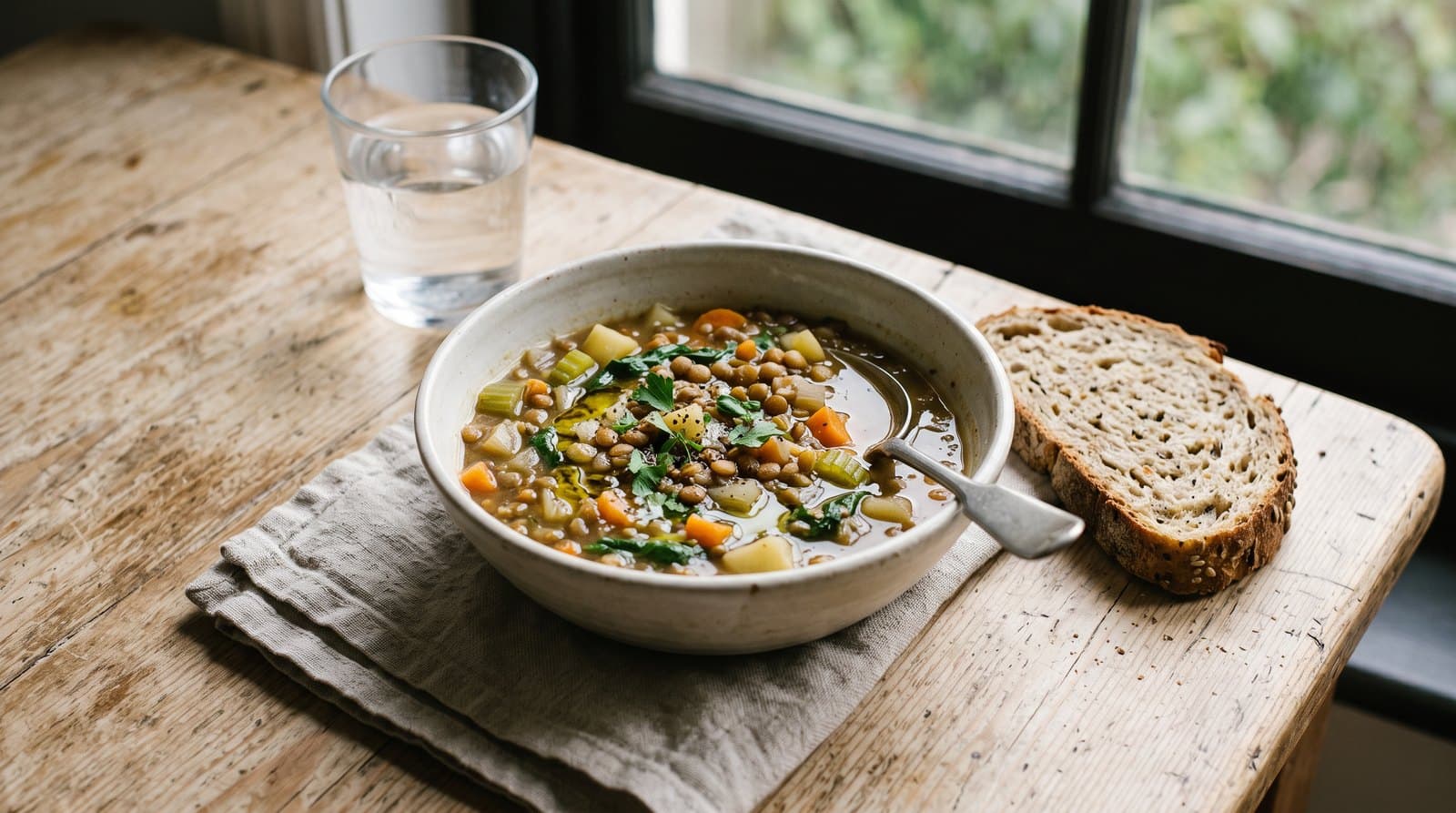 Bol de soupe de légumes et lentilles sur une table en bois clair, avec une tranche de pain complet et un verre d'eau
