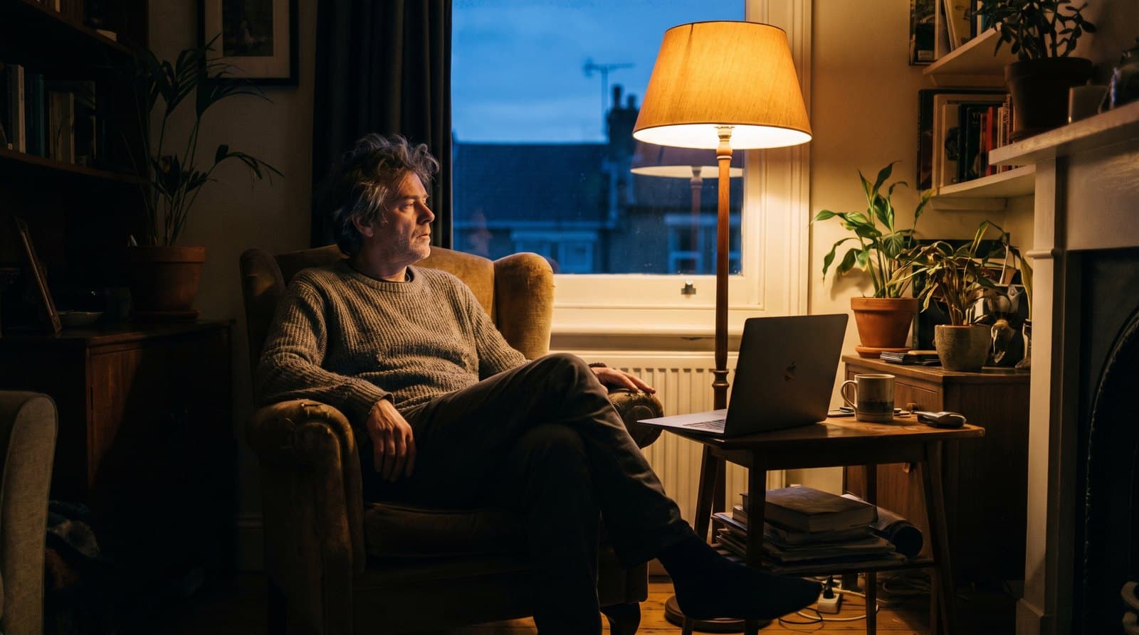 Homme d'une cinquantaine d'années assis dans un fauteuil en fin de journée, ordinateur portable refermé à côté de lui